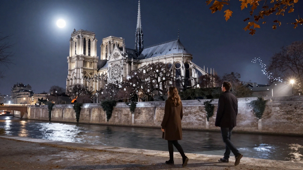 A man and woman stand silently by Notre-Dame at night, moonlight reflecting on the Seine as jazz drifts nearby.