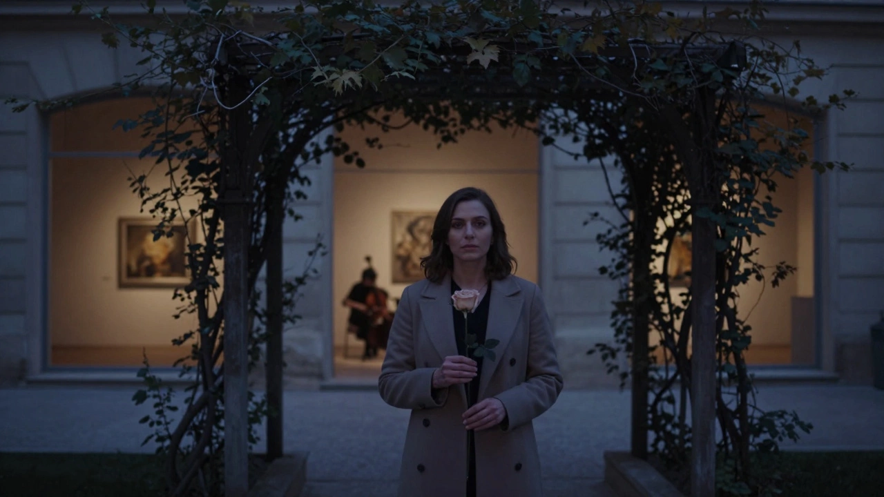 A woman stands in a vine-covered courtyard in Montpellier, holding a rose, twilight fading around her.