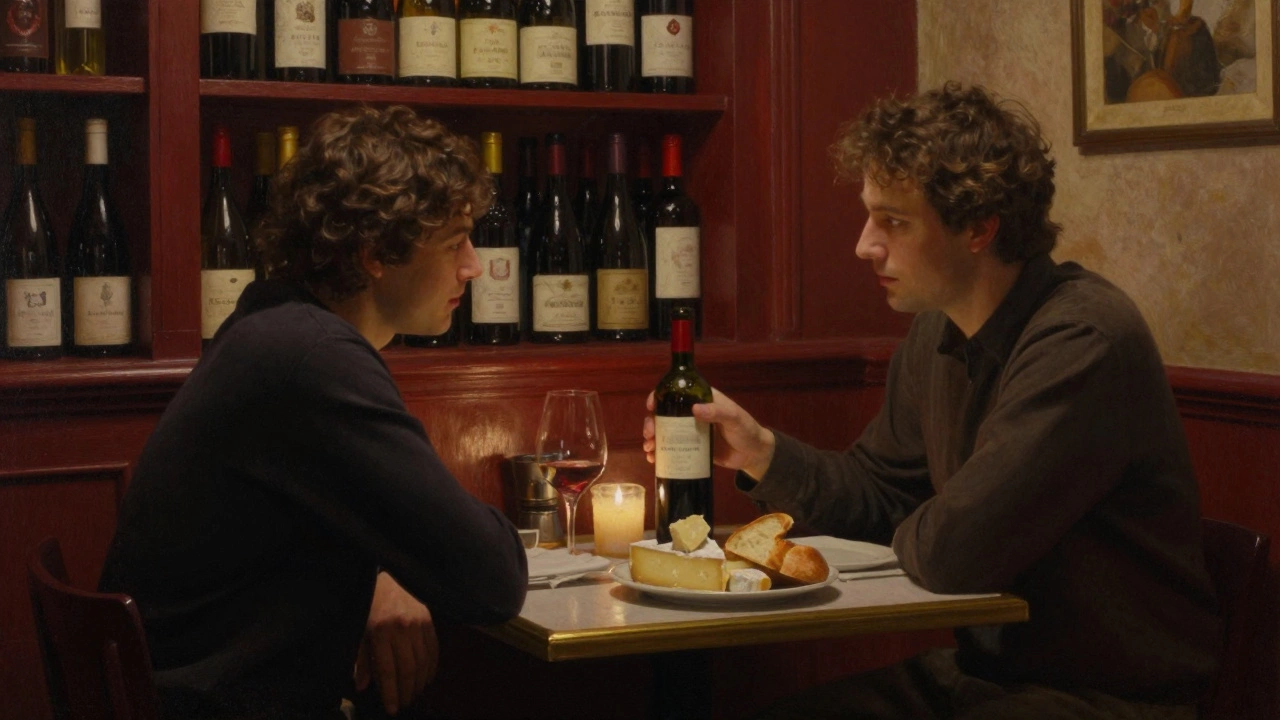 Two people share wine at a hidden Paris bistro, candlelight casting soft shadows over cheese and bread.